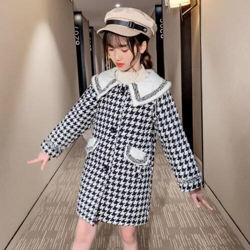 Girls Wool Coat Autumn and Winter Thick Outwear Fashion Plaid Print Wool Jackets Long Coats Girls Warm Jacket New Years Jacket