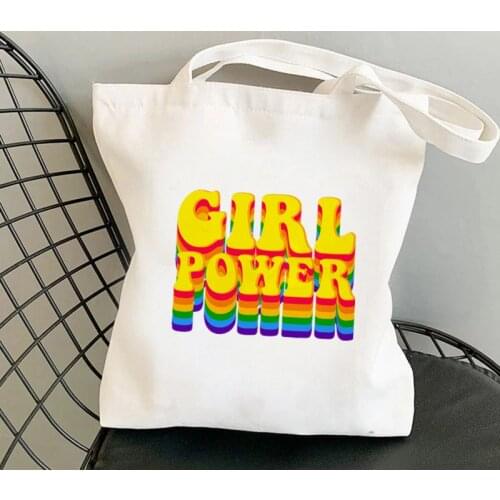Shopper Girl Power yellow Kawaii Bag Harajuku women Shopping Bag Canvas Shopper Bag girl handbag Tote Bag Shoulder Lady Bag