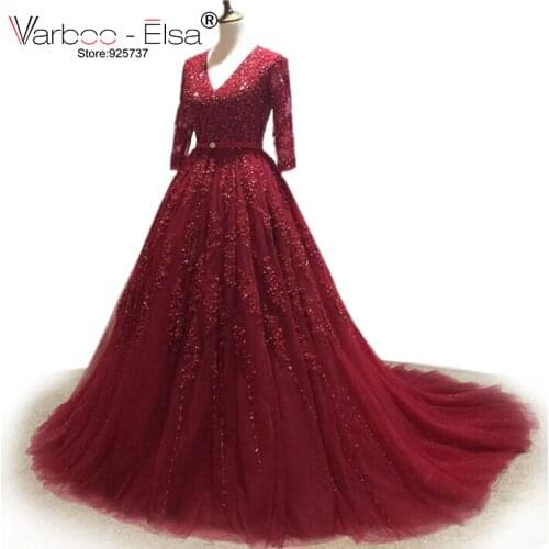 VARBOO_ELSA vestido de noiva 2020 Beading V neck wedding dresses red lace Chapel Train Ball Gown half sleeve China Bridal Gowns