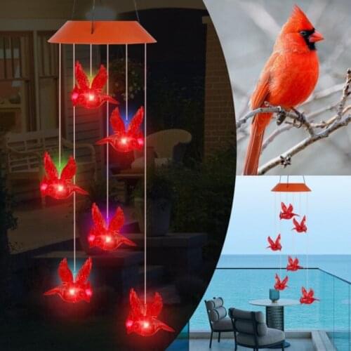Solar Color Changing Red Bird Wind Chime Lamp LED Cardinal Chandelier Wind Chime for Terrace Deck Garden Home Decoration