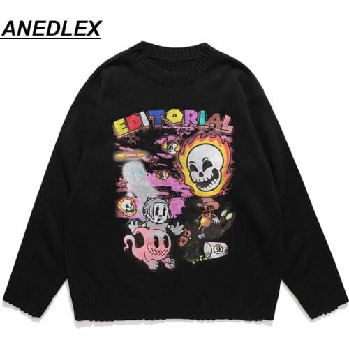 Hip Hop Knitted Sweater 2021 Men Streetwear Cartoon Doodle Skull Print Pullover Autumn Harajuku Cotton Casual Sweater Pullover