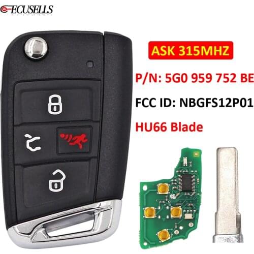 4B Smart Car Key ASK 315Mhz P/N: 5G0 959 752 BE FCC ID: NBGFS12P01 For VW 2015 - 2020 Golf GTI / MQB AES / HU66 / With Recess