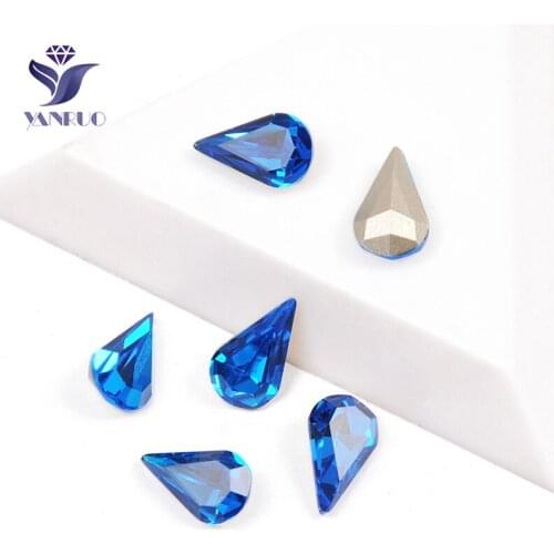 YANRUO 4300 Pear Drop Capri Blue Sewn Strass Stones Crystal With Metal Frame Rhinestones For Wedding Dress Decoration
