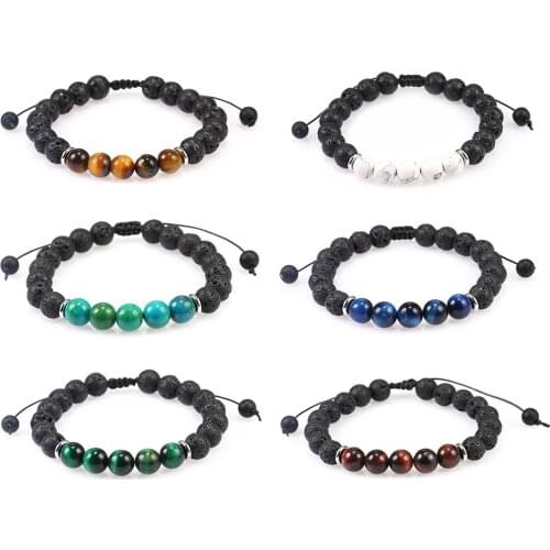 Yingwu 8mm Lava Tiger Eye Stone Beads Bracelet Adjustable Braided Rope Bangles Natural Lava Rock Men Women Yoga