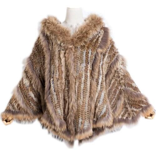 Zero Fish Fur New fashion women Genuine Knitting Rabbit Fur Poncho Raccoon Fur Collar Shawl With Hood brazil russia hot sell