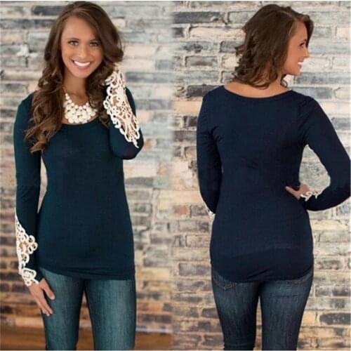 2021 Womens T-shirt Round Neck Lace Stitching Hollow Sexy Long-sleeved T-shirt Ladies Autumn Loose Casual Top