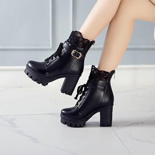 2019 Spring Winter Womens Ankle Boots Plus Size 34-43 Black 10cm High Heels Platform Booties Lace Up Shoes Woman