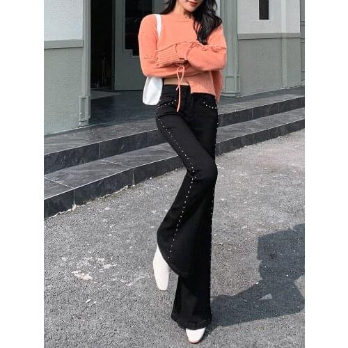 Saliency Good Quality Black Jeans Womens Autumn New Slim Vintage Beaded Trousers Drape Is Thin and High Waisted Flared Pants