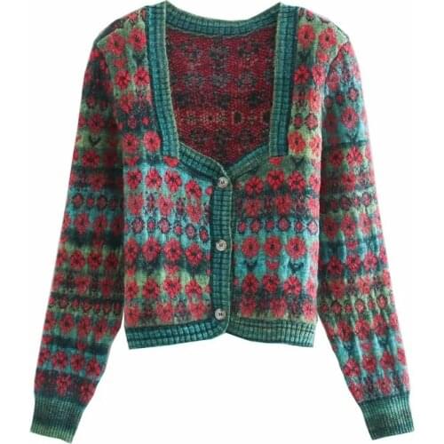 Za Fashion 2021 Womens Sweaters Vintage Floral Suqare Collar Short Cardigans Long Sleeve Casual Mujer Jackets Spring Outwear