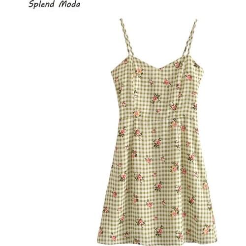Splend Moda Summer 2021 Prairie Chic Slim Floral Print Spaghetti Strap Folds Dress Plaid A-Line Dresses Women Zipper Vestido