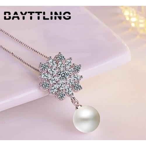 BAYTTLING 925 Sterling Silver Shiny Flower Zircon Pendant Necklace For Woman Round Pearl Necklace Fashion Charm Wedding Jewelry
