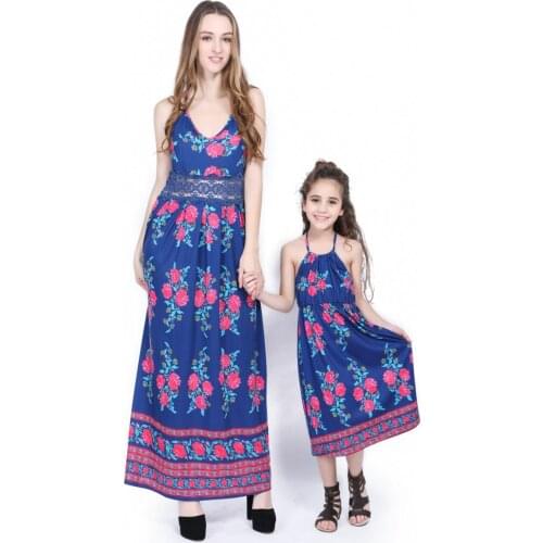 Spring and summer blue printing stitching lace strap dress family clothing family wear
