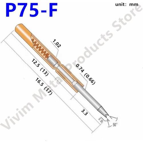 100PCS P75-F Nickel Plated Crosscut Tip Head Spring Test Probe Dia 1.02mm Pogo Pin For Testing Power Contact Gold Thimble Tool