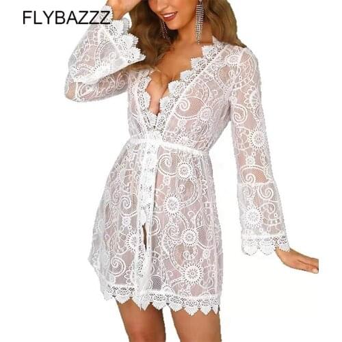 2021 Sexy V-Neck Cover Up Bikini Women Lace Swimsuit Cover-up Beach Bathing Suit Beach Wear Swimwear Mesh Beach Dress Tunic Robe