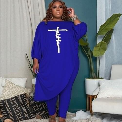 Plus Size Womens Two Piece Sets Loose Solid Color Slanted Shoulder Embroidery Autumn Style Pants Suits Wholesale Dropshipping