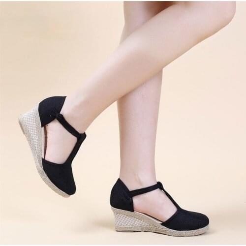2021 Bohemian women handmade linen cotton wedges canvas shoes sandals T-strap summer comfortable high-heeled platform shoes