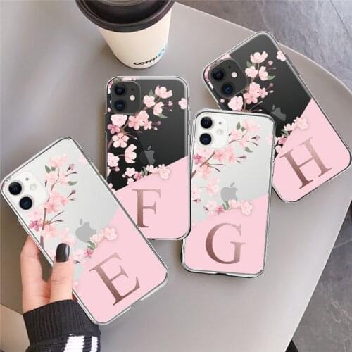 Initial Letter A Z Clear Phone Case For iPhone 11 Pro 12 Pro Max Mini X XR XS Max 7 8 Plus SE 2020 Cherry Flowers Soft TPU Cover