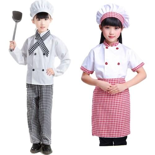 Kids Chef Jacket Plaid Trousers Cook Uniform Food Service Halloween Carnival Cosplay Costumes for Children Girls