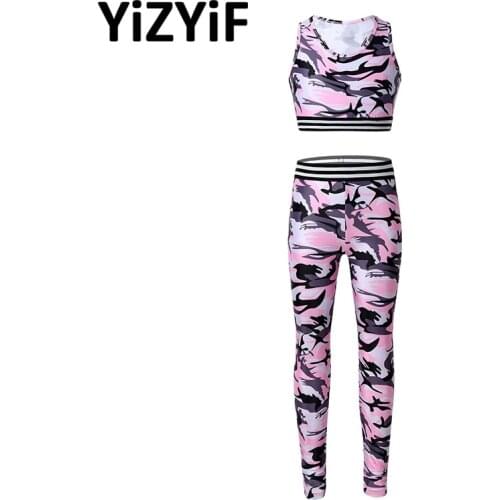 Kids Grils Camouflage Printed Tracksuit Outfit Sleeveless Sport Bra Tops Dance Crop Top Tank With Leggings Pants Sportswear Set