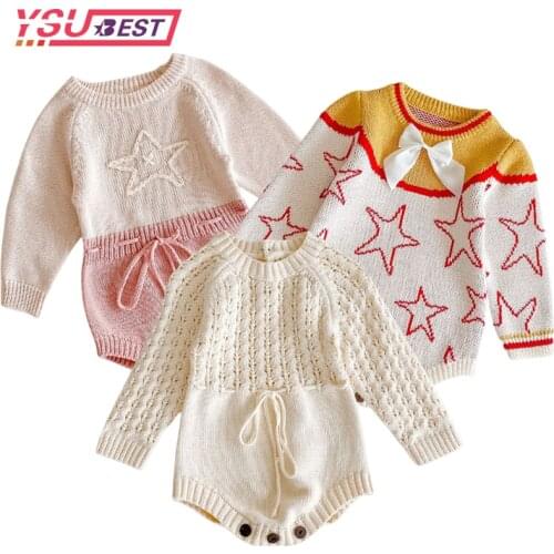 Baby Girl Spring Romper Knitted Baby Rompers Star EmbroiderBow Long Sleeve Baby Clothes Cotton Baby Sweater Infant Girl Jumpsuit