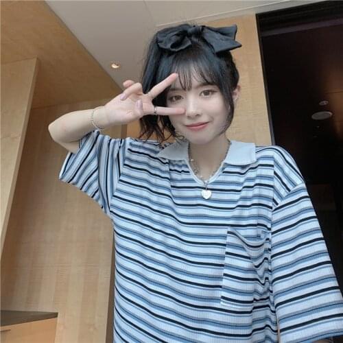 Korean chic color contrast striped short-sleeved T-shirt women summer loose lazy style lapel half-sleeved polo shirt