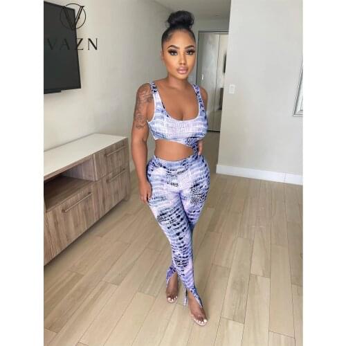 VAZN 2021 Summer New Women Fashion Casual Street Trend Night Club Wearvest Slit Pants Sexy Print Jumpsuit