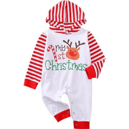 My 1st Christmas Hoodies Jumpsuit for Baby Girls Boys One Pieces Long Stripe Snap Button Deer Print Romper Bebe New Year Costume