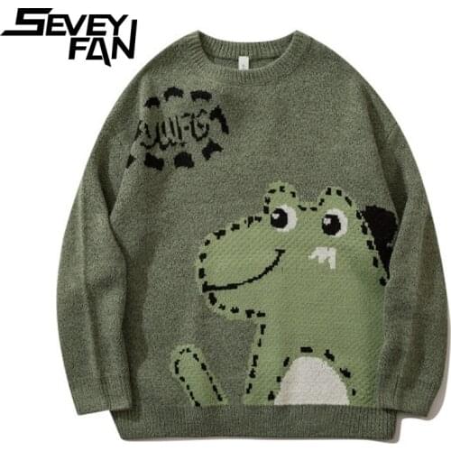 SEVEYFAN Mens Cartoon Frog Sweater BF Loose O Neck Cotton Knitwear Hip Hop Pullover Sweaters for Couples
