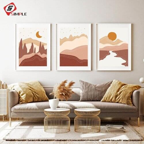 Boho Abstract Landscape Nordic Posters and Prints Cresent Moon Wall Art Minimalis Canvas Painting Sun Mountain Art Picture Decor