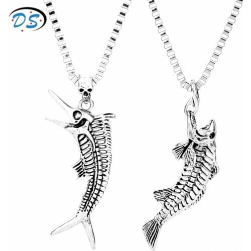 Fish Bone Necklace Men Hip Hop Jewellery Cube Chain Necklaces Pendants Fishing Hook Fish Skeleton Charms Necklace