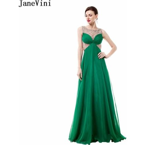 JaneVini Sexy Chiffon Long Bridesmaid Dresses Scoop Neck Beaded Floor Length Illusion Back A Line Formal Prom Gowns Plus Size