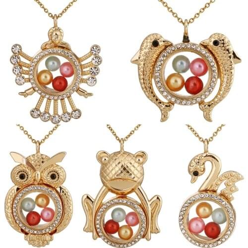 Floating Living Memory Locket Glass Pendant Gold Color Necklace fit 8mm Pearl Cage Photo Rhinestone Necklace