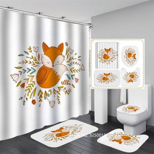 Sell Cute Funny Cartoon Bathroom Carpet Toilet Lid Waterproof Shower Curtain with Free Hook 4 Piece Animal Shower Curtain Set