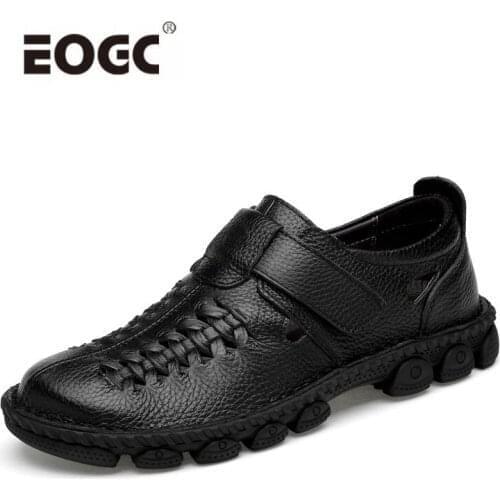 Plus Size Natural Leather Summer Casual Shoes Breathable Men Flats Shoes Men Lace Up Leather Non-slip Walking Men Shoes