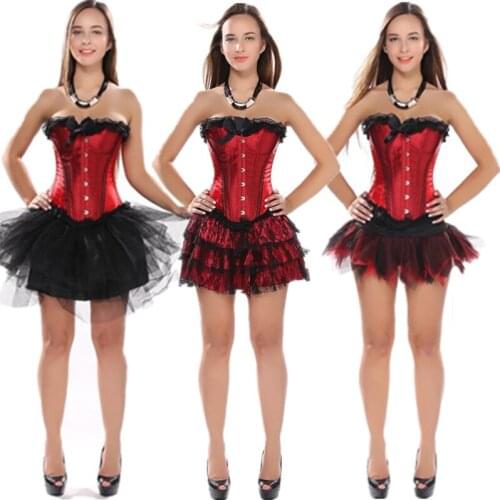 Sexy Burlesque Overbust Corset Bustier Top With Mini TuTu Skirt Dancer Showgirl Costume Sexy Gothic Corsets Dress S-2XL