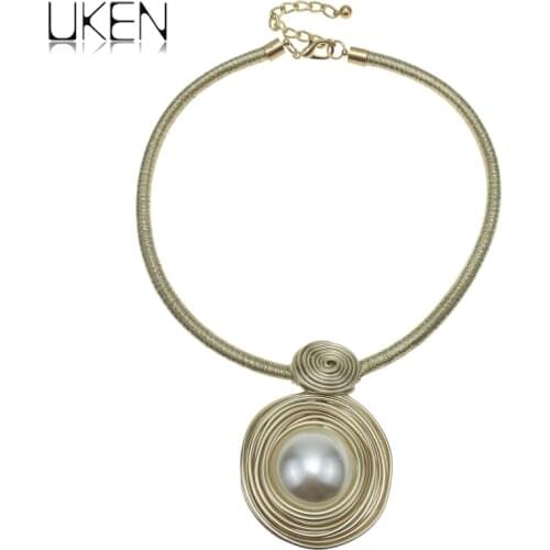 UKEN Handmade Wrap Wire Simulated Pearl Necklaces For Women Fashion Jewelry Rope Chain Bib Collar Maxi Necklace Simple