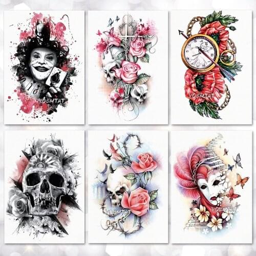 Waterproof Temporary Tattoo Sticker Flower Skull Joker Clown Pattern Tattoo Water Transfer Body Art Fake Tattoo For Women Men