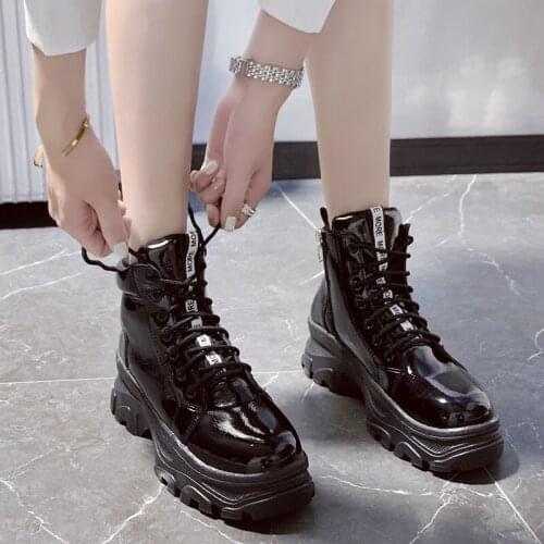 Bright White / Black Martin Boots Womens Plus Velvet Heavy-Bottomed Boots Increase Womens Shoes Patent Leather Sweet Lolita