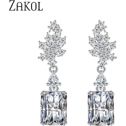 ZAKOL 2021 New Classic Leaf Square Pendant Cubic Zirconia Dangle Earrings Silver Plated Womens Jewelry Wholesale ZEL04