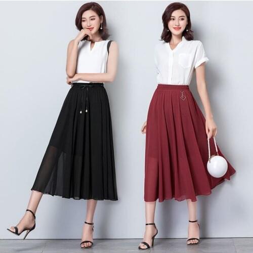 Chiffon Skirt Womens Summer Solid Color Large Swing Dress Dance High Waist Thin Wild Beach Skirt Black Red