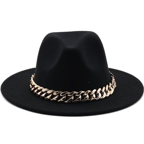 Womenss hat wide brim Thick gold chain band classic black beige felted hat panama cowboy jazz men caps luxury fedora women hats