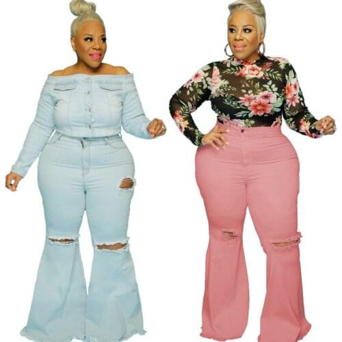 Hottest Women Solid Color Ripped Flared Jeans Top Ranking Hollow Out Ladys High Waist Bell-bottomed Denim Trousers 2021 Autumn