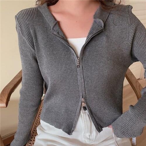 Autumn Winter Women Sweater short fashion poLo collar knitted Cardigan double zipper top Long sleeve Hoodied Female Sweater