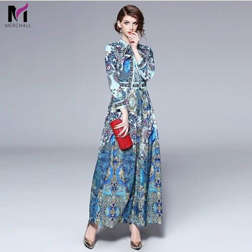 Merchall New Designer Runway Dress Lady Autumn High Quality Floral Print Bow Collar Long Sleeve Slim Floor Length Maxi dresses
