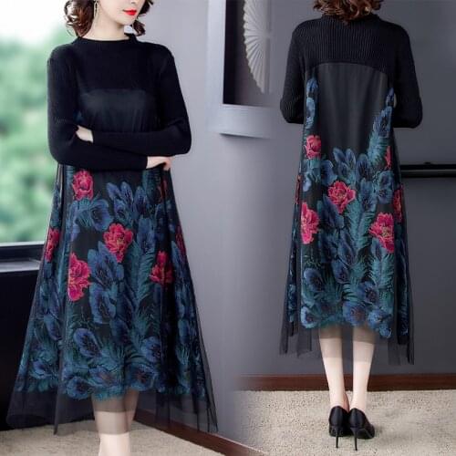 Floral Mesh Embroidery Patchwork Sweater Dress 2021 Spring Loose 4XL Plus Size Midi Dress Elegant Women Bodycon Party Vestidos