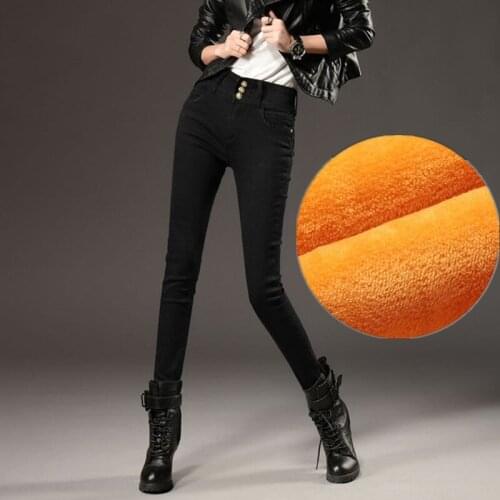 2021 Women Winter Thick warm Velvet High waist Skinny Jeans black & blue mom Stretch Casual woman Denim Pencil Pants trousers