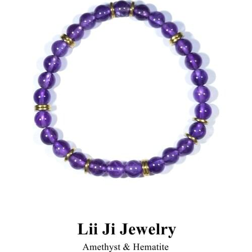 Lii Ji 6mm Natural Real Amethyst Beads Hematite Bracelet For Women Men Unisex Gift Drop shipping