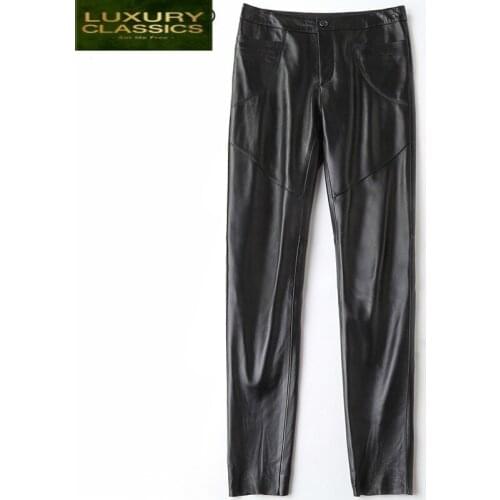 Pants Spring Genuine Leather Women Plus Size Black Pants Real Sheepskin Black Trousers Casual Slim Pantalon Femme LWL1608
