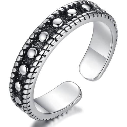 Black Strap Beaded Vintage Adjustable Finger Thai Silver Color Ring For Women Fashion Korean Simple Tibetan Jewelry S-R2190