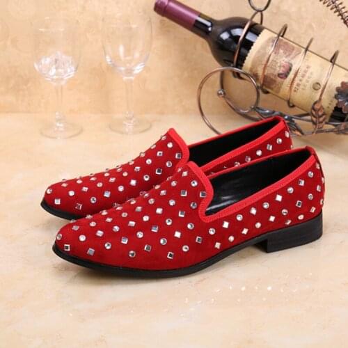Christia Bella Classic Man Party Prom Loafers Shoes Red Plus Size Suede Leather Mens Flats Shoes Male Rhinestone Slip on Shoes